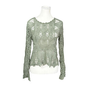 Sage Green Crochet Lace Top Bell Sleeve Cottagecore Boho